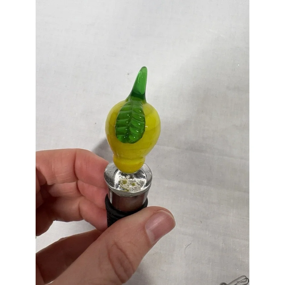 Hand Blown Glass Lemon Wine Bottle Stopper‎ Yellow & Green Fruit Bar Accessory